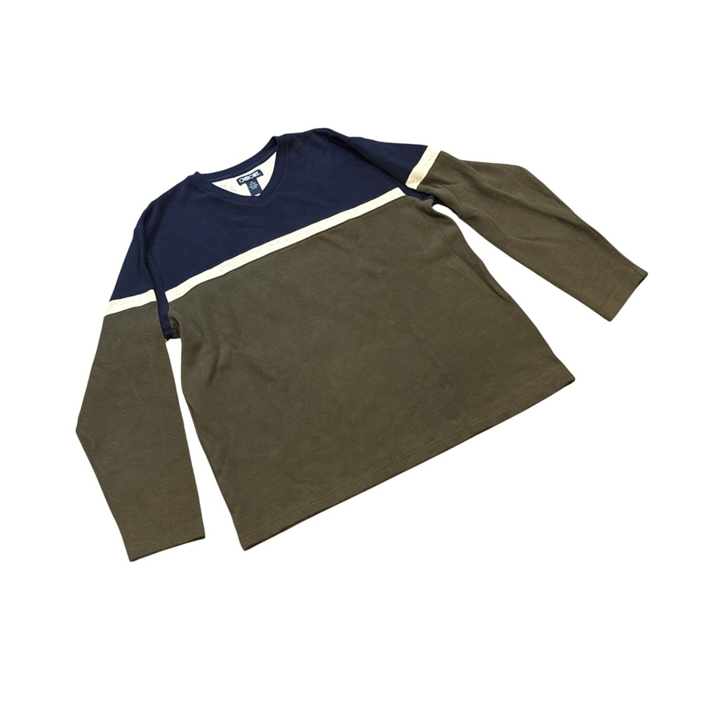 Vintage Cherokee Mens Long Sleeve V-Neck Colorblock Cotton Shirt Navy Olive XL